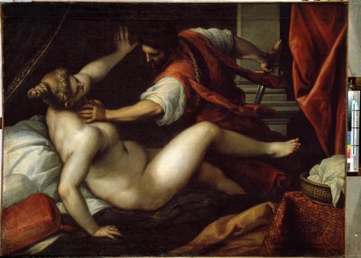 Tarquinio y Lucrecia. Sexto Tarquinio viola a Lucrecia, acontecimiento que habría provocado la caída de la monarquía y el inicio de la República en la Antigua Roma, en el año 509 a.C. Pintura de Jacopo Palma il Giovane (El joven de Jacopo Il Giovane Palma