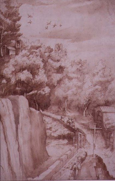 Vista del Monasterio de La Verna, el Camino que Conduce al Monasterio, c.1607-12 (tinta y pluma sobre papel) de Jacopo Ligozzi