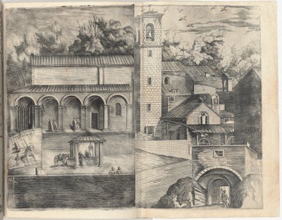 Vista del cuadrante: la puerta principal, la plaza, la iglesia y la logia del monasterio del Monte della Vernia de Jacopo Ligozzi