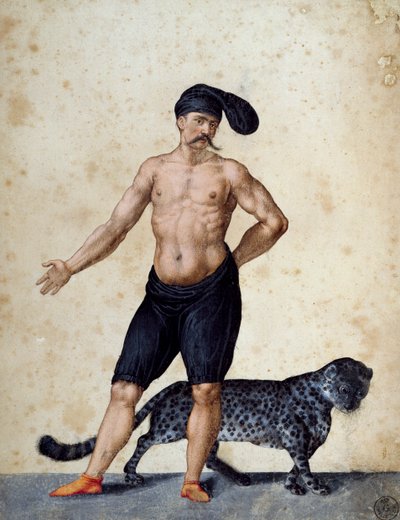 Joven africano de pie al frente, medio vestido con una larga berretta (gorro) en la cabeza, con un tigre detrás de él de Jacopo Ligozzi