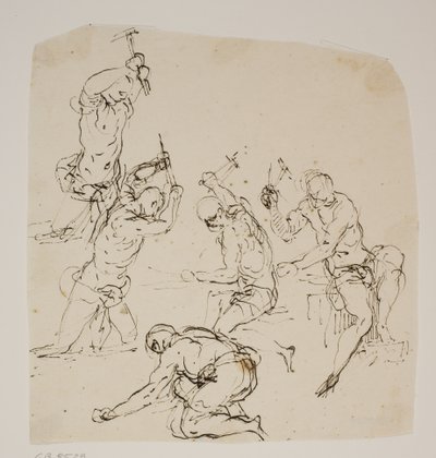 Cinco estudios de canteros o herreros trabajando en una fragua de Jacopo Palma