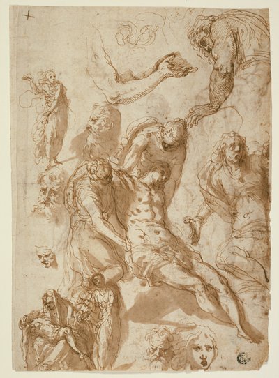 Bocetos para una Lamentación y una Pietà, y de varias figuras, cabezas y un brazo (recto); Bocetos de Cristo muerto, y de varias figuras y cabezas (verso) de Jacopo Palma il Giovane