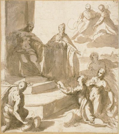 Estudio para Venecia Recibiendo Homenaje y Regalos de Brescia, Udine, Padua y Verona, con el Dogo Francesco Venier Presentándolos de Jacopo Palma il Giovane