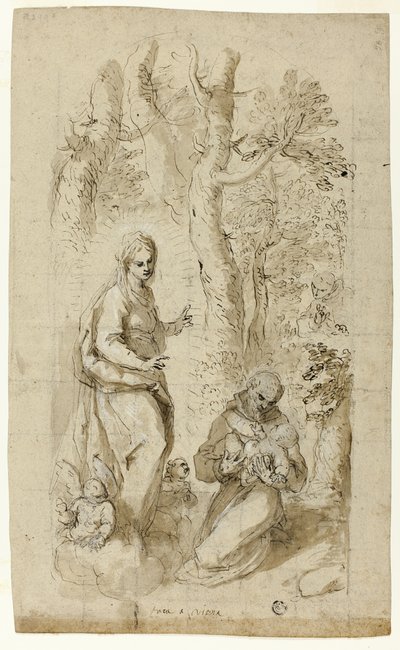 Visión de San Francisco de Asís (recto); San Jerónimo, Visión de San Francisco, y dos pequeños bocetos de San Francisco sosteniendo al Niño Jesús (verso) de Jacopo Palma il Giovane