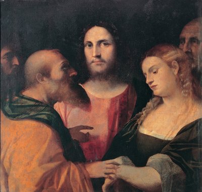Cristo y la mujer sorprendida en adulterio, 1525-1528 de Jacopo Palma il Vecchio the Elder