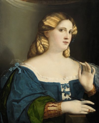 Joven Mujer en un Vestido Azul, con Abanico, 1512-1514 de Jacopo Palma il Vecchio the Elder