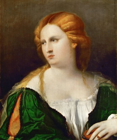 Joven mujer en un vestido verde, una caja en su mano, ca 1514 de Jacopo Palma il Vecchio the Elder