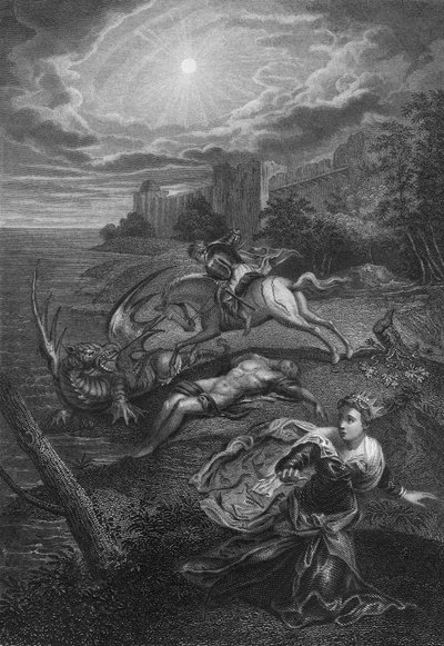 San Jorge y el dragón (grabado) de Jacopo Robusti (after) Tintoretto