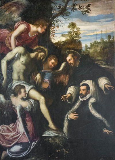 Cristo muerto sostenido por tres ángeles, santo Domingo y donante de Jacopo Robusti Tintoretto