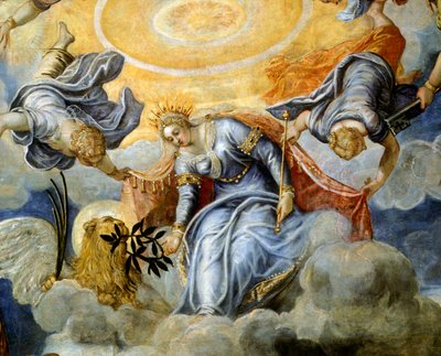 Dogo Niccolo da Ponte recibiendo rama de olivo de Venecia (detalle) de Jacopo Robusti Tintoretto