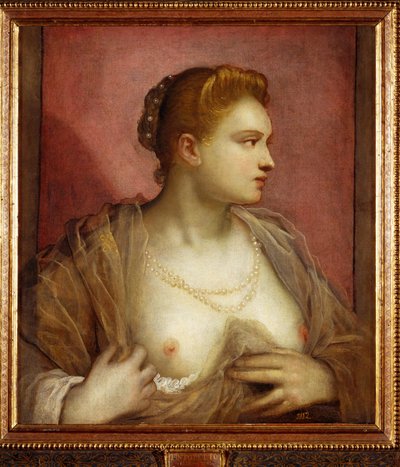 Dama mostrando su pecho; tal vez la famosa cortesana veneciana Veronica Franco ... (pintura sobre lienzo) de Jacopo Robusti Tintoretto