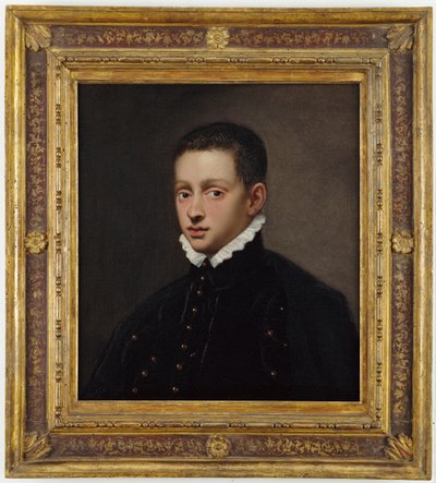 Retrato de un niño, busto, con un jubón negro y un collar blanco de Jacopo Robusti Tintoretto