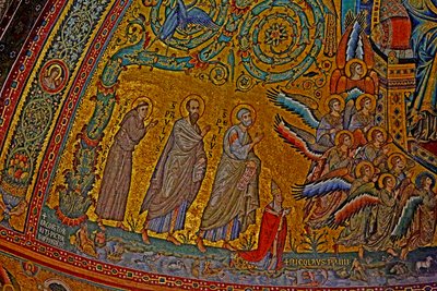 San Francisco, San Pablo, San Pedro, el Papa Nicolás IV y ángeles asistiendo a la Coronación de la Virgen de Jacopo Torriti