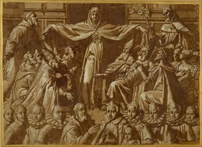 La Madonna della Misericordia con San Francisco y Santo Domingo, con otros santos y gobernantes y una familia de donantes de Jacopo Zucchi