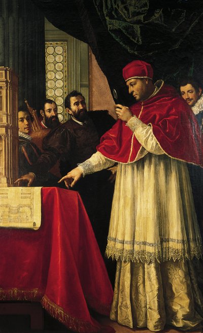 Miguel Ángel presenta al papa León X y al cardenal Giulio de Médicis los modelos de la fachada de San Lorenzo, la Biblioteca Laurenciana y las tumbas de los Médicis. de Jacopo da Empoli (and workshop)