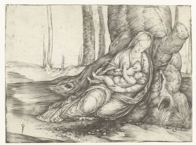 María con el niño al pecho se sienta frente al pie de un árbol de Jacopo de