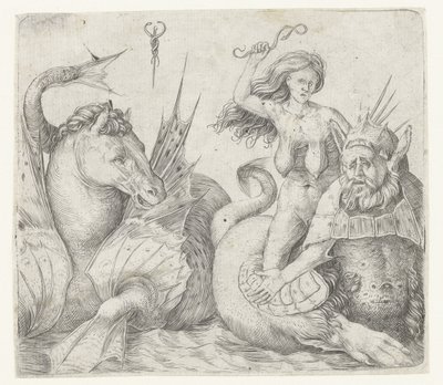 Anciana en la parte posterior del tritón junto al hipocampo Furia en la espalda de Triton de Jacopo de