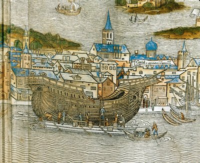Construcción de una galera en un astillero de Venecia, de Peregrinatio in Terram Sanctam, impreso por primera vez en latín en 1486 ... (xilografía) de Jacopo de