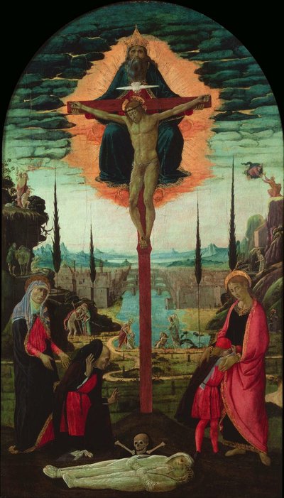 Retablo: la Trinidad, la Virgen, San Juan y Donantes, c. 1480 de Jacopo del Sellaio