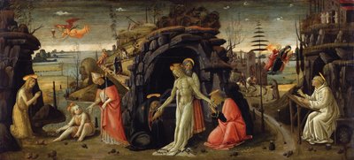 Paisaje con escenas bíblicas y escenas de leyendas de santos de Jacopo del Sellaio
