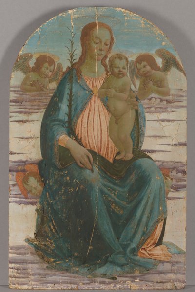 Virgen y niña con ángeles sentados en las nubes de Jacopo del Sellaio