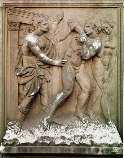 Adán y Eva. Cacerías del Paraíso Terrenal. Bajo relieve en mármol de Jacopo Della Quercia (1374/8-1438) 1430-1435. Dim. 86x68 cm. Bolonia, Iglesia de San Petronio de Jacopo della Quercia