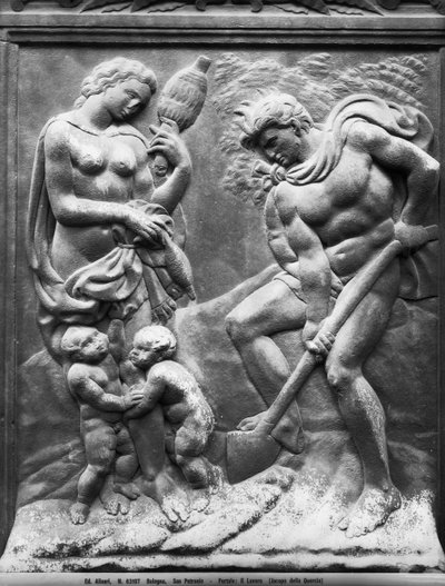 Adán y Eva obligados a trabajar, panel de la Porta Magna, c.1430 (mármol) de Jacopo della Quercia