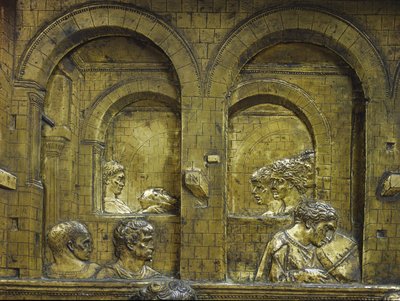 Banquete de Herodes, detalle del fondo con el músico y Salomé llevando la cabeza de San Juan Bautista en una bandeja. Bajorrelieve de la pila bautismal realizado por Jacopo della Quercia (1374-1438) de Jacopo della Quercia