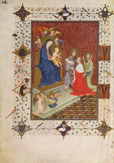Frontispicio con Juan, Duque de Berry, San Andrés y San Juan rezando frente a la Virgen, francés, de 