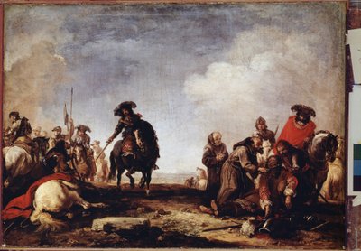 ""After the battle"" (Después de la batalla) Un grupo de monjes pasa entre los heridos para bendecirlos. Pintura de Jacques Courtois (1621-1696) Museo del Hermitage del siglo XVII, San Petersburgo (San Petersburgo) de Jacques Courtois