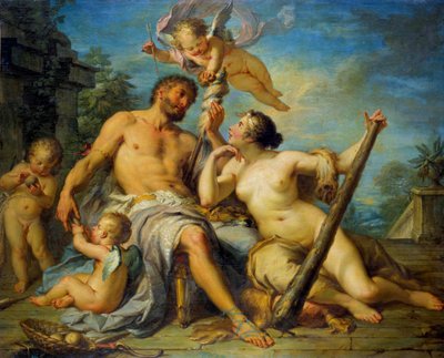 Hércules y Ónfale Hércules (Heracles) está enamorado de Ónfale, de quien es esclavo. Pintura de Jacques Dumont llamado el Romano (1701-1781). 1728. Dim. 1,33 x 1,67 m. Tours, Museo de Bellas Artes de Jacques  Dumont