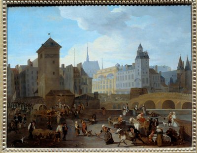 Revolución Francesa: Vista del puente y la bomba Notre-Dame en París de Jacques Albert Senave