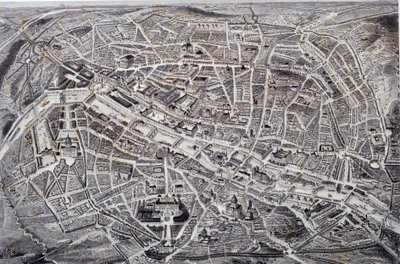 Mapa de París en relieve y vista de pájaro con sus alrededores y fortificaciones de Jacques Alphonse (after) Testard