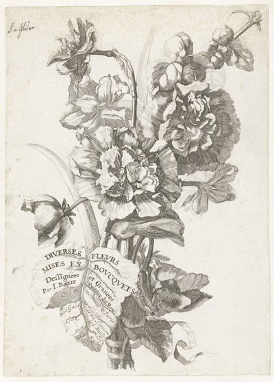Página de título con un ramo de peonías Titleblad: Varias flores en ramos Varias flores en ramos (título de la serie sobre el objeto) Varias flores en ramos (título de la serie) de Jacques Bailly (I)