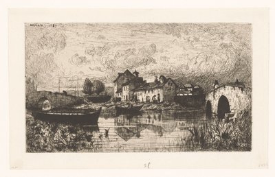 Vista de un pueblo ribereño con un puente a la derecha y a la izquierda de Jacques Barthélemy Appian (Adolphe)