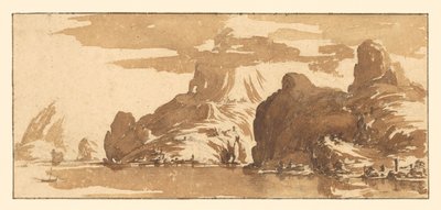Vista de montañas al otro lado de un lago de Jacques Callot
