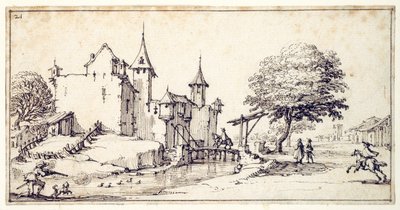 Un castillo con puente levadizo de Jacques Callot