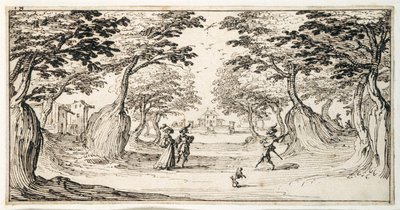 Una dama y un caballero bailando en el bosque al son de un laúd, un castillo en la distancia de Jacques Callot