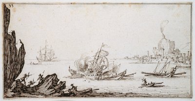 Una galera embestida en el centro por un barco de guerra a vela a la vista del puerto, c.1617 de Jacques Callot