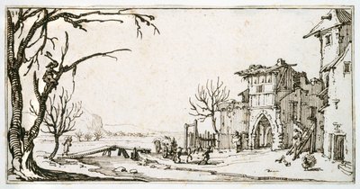 Un carro de heno siendo llevado a la puerta medieval de un pueblo, un hombre cortando una rama, de un álbum perteneciente a Israel Silvestre, c.1630 de Jacques Callot