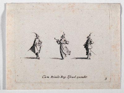 Una dama haciendo música y dos caballeros, de ... (grabado) de Jacques Callot