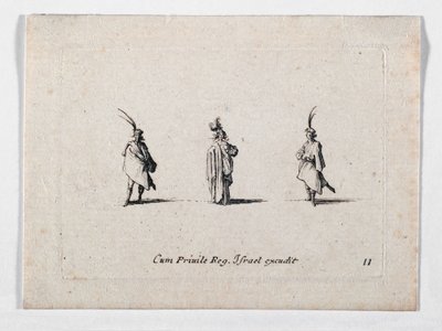 Una dama con un abrigo largo y dos caballeros, de ... (grabado) de Jacques Callot