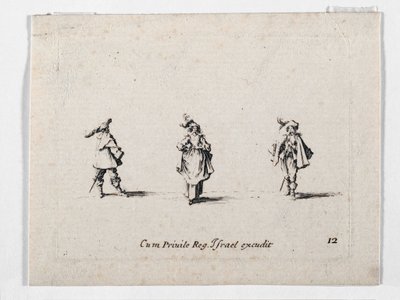Una dama con sombrero emplumado y dos caballeros, de ... (grabado) de Jacques Callot