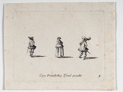 Una dama de brazos cruzados y dos caballeros, de ... (grabado) de Jacques Callot