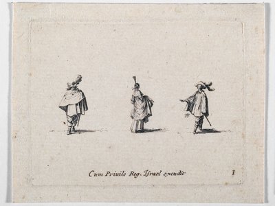 Una dama con falda fruncida y dos caballeros, de Les Fantaisies de Noble J. Callot ... (grabado) de Jacques Callot