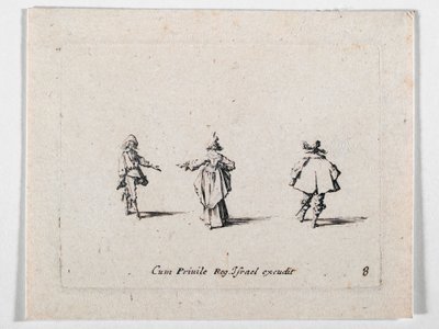 Una dama con la mano extendida, vista de espaldas, y dos caballeros, de Les Fantaisies de Noble J. Callot ... (grabado) de Jacques Callot
