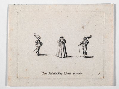 Una dama con vestido ricamente plisado, vista de espaldas, y dos caballeros, de Les Fantaisies de Noble J. Callot ... (grabado) de Jacques Callot