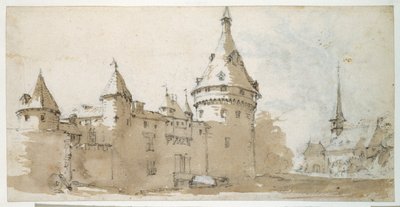 Un castillo con torres y una iglesia de Jacques Callot