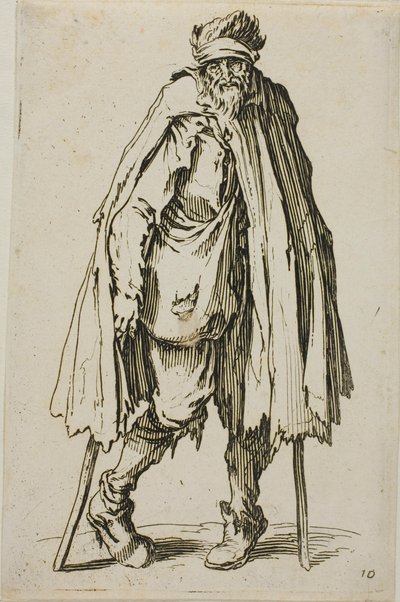 Mendigo apoyado en un bastón, lámina diecinueve de Los mendigos de Jacques Callot