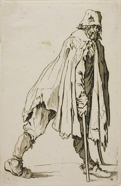 Mendigo con muletas con sombrero, lámina cuatro de Los mendigos de Jacques Callot